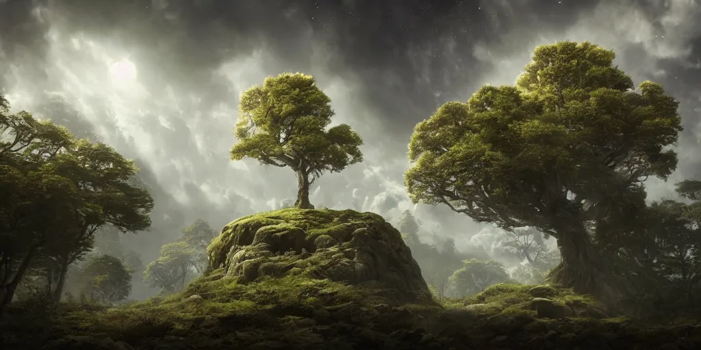 Prompt: A hyperrealistic concept art of a tree growing out of an asteroid, stunning massive ornately 3d render inspired art by Renato muccillo and Andreas Rocha and Johanna Rupprecht + symmetry + natural volumetric lighting, 8k octane beautifully detailed render, post-processing, highly detailed, intricate complexity, epic composition, magical atmosphere, cinematic lighting + masterpiece, trending on artstation