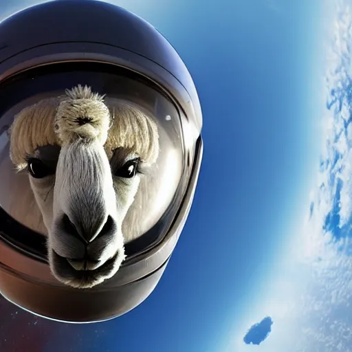 Image similar to a lama in a helmet is flying in space, 4k image.