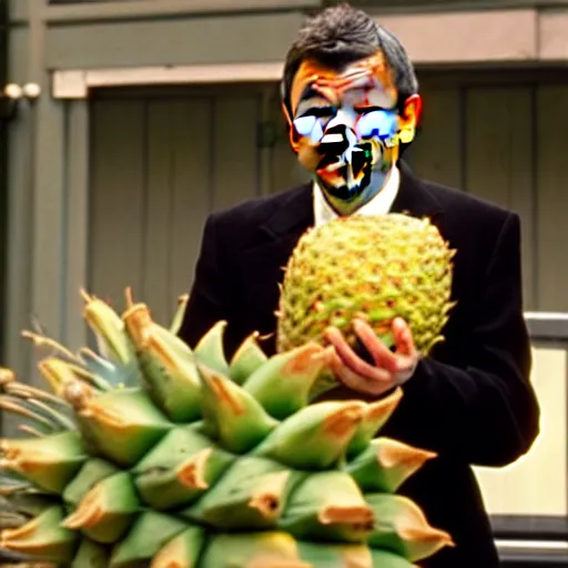 Image similar to rowan atkinson as mr. beans stealing a pineapple from a target store, johnny english, black adder, focused face, realistic photo, uhd