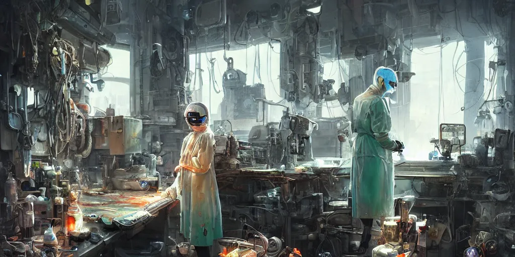 Image similar to an environmental concept art of an elderly woman cyberneticist in a messy workshop by artgerm and greg rutkowski, surgical implements, surgery theatre, robotic arm, blood spatter, highly detailed, cinematic, dramatic, cyberpunk, dieselpunk, scifi space station, horror, ( bladerunner 2 0 4 9, cyberpunk 2 0 7 7 )