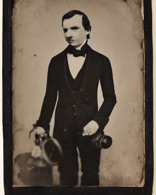 Image similar to portraits of anthropomorphic cyborg robot in Black tie suit by Louis Daguerre