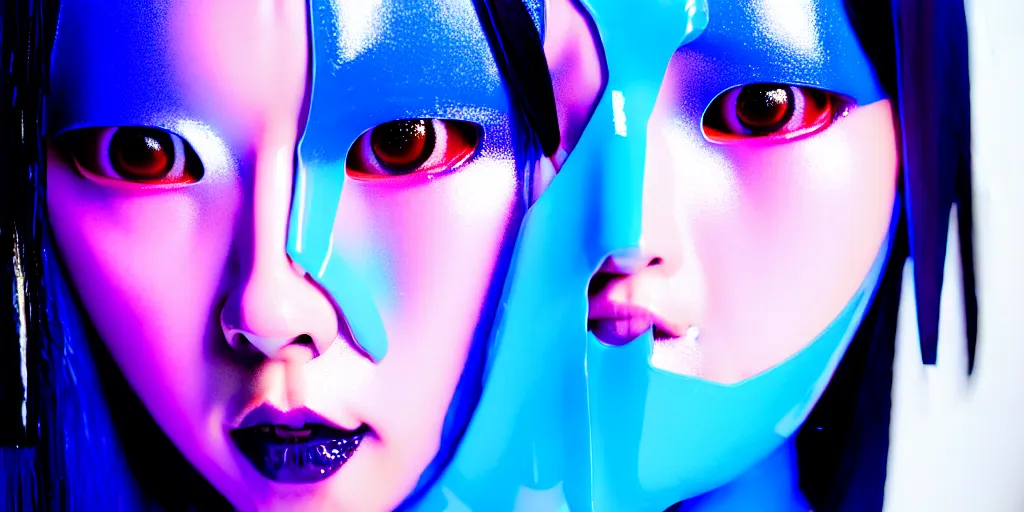 Image similar to a close - up risograph of cyberpunk japanese model girl with black eyes and pretty face wearing latex catsuit and lots of transparent and cellophane accessories, blue hour, twilight, cool, portrait, kodachrome, iso 1 2 0 0, painting by mayumi hosokura
