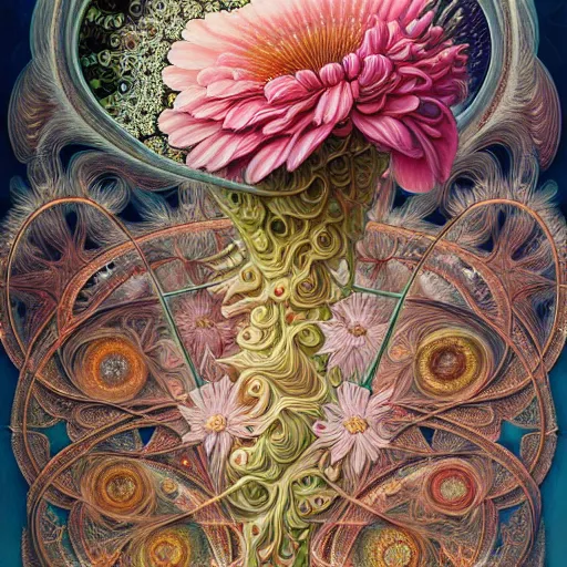 Image similar to an ultra hd detailed painting of many different types of flowers by Android Jones, Earnst Haeckel, James Jean. behance contest winner, generative art, Baroque, intricate patterns, fractalism