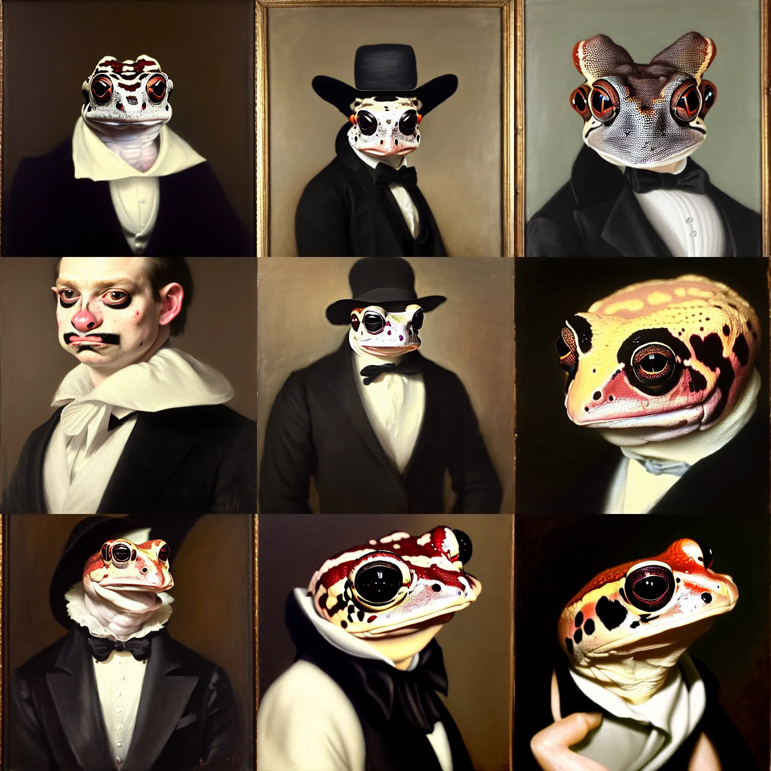 Prompt: a head - and - shoulders portrait of an amazon milk frog looking off camera wearing a black frock coat and a white ascot tie, an american romanticism painting, a portrait painting, cgsociety, soft focus, oil on canvas