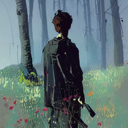 Image similar to timothee chalamet, concept art by jama jurabaev and ismail inceoglu and sparth, cel shaded, cinematic shot, trending on artstation, high quality, brush stroke, lawns, fluorescent spots, luminous flowers, and lonely atmosphere