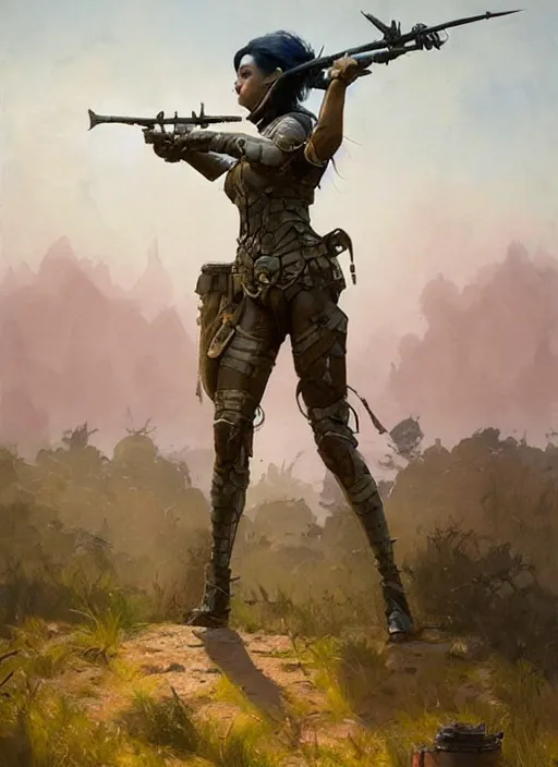 Image similar to hyper realistic painting of fantasy soldier girl, full body, rule of thirds, conceptart, saturated colors, cinematic, greg rutkowski, brom, james gurney, mignola, craig mullins, alan lee