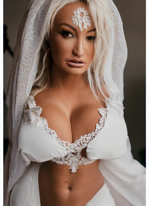 Image similar to portrait of the ghost of lindsey pelas wearing marriage gown in bali, by charlotte grimm, natural light, detailed face, beautiful features, symmetrical, canon eos c 3 0 0, ƒ 1. 8, 3 5 mm, 8 k, medium - format print,