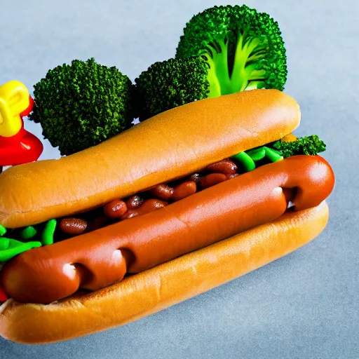 Image similar to commercial photo of a delicious hot dog, with baked beans, mustard, ketchup, broccoli and legos on top, detailed, uhd, 8k,