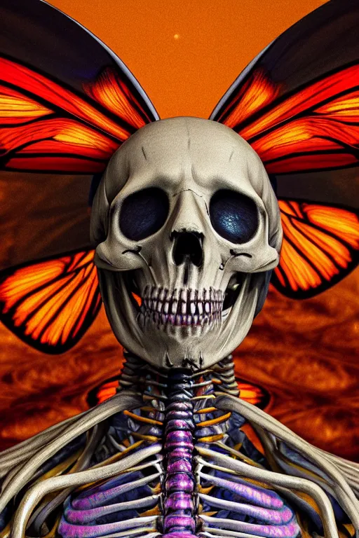 Image similar to a portrait of a skelton with moth wings, highly detailed, digital photo, hdri, by christopher bretz and john carpenter, vivid colors, high contrast, 8 k resolution, intricate, photorealistic, smooth, psychedelic color scheme, concept art, award winning, cg society contest winner