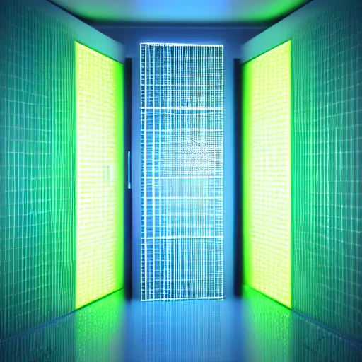 Prompt: 3 d render vfx geometric data server farm light green, light blue, light yellow, light purple, digital art