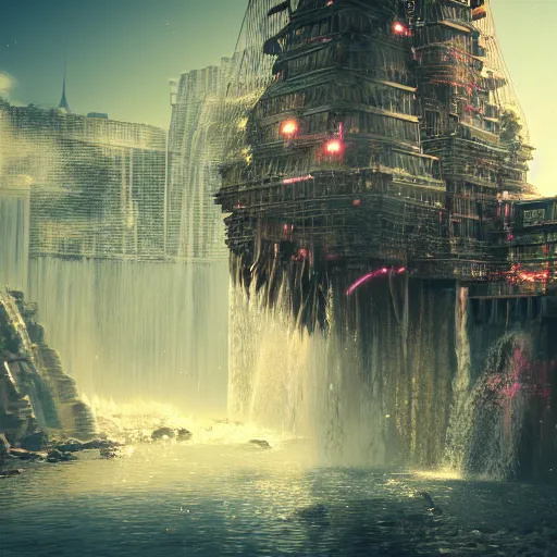 Image similar to an intricate sailpunk city a waterfall, high definition, detailed, 8 k, octane, morning light, volumetric light, artstation, deviantsrt