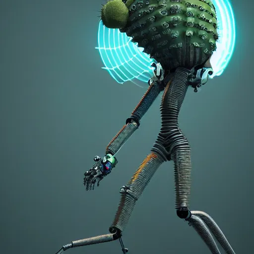 Image similar to Close-up shot.3d hard surface design, octane rendered, robotic bionic Technical, robotic Cactus design, hardops, Bionic Arms and eyes, artstation trending, wow, 8k, in style of Moebius, Android Jones