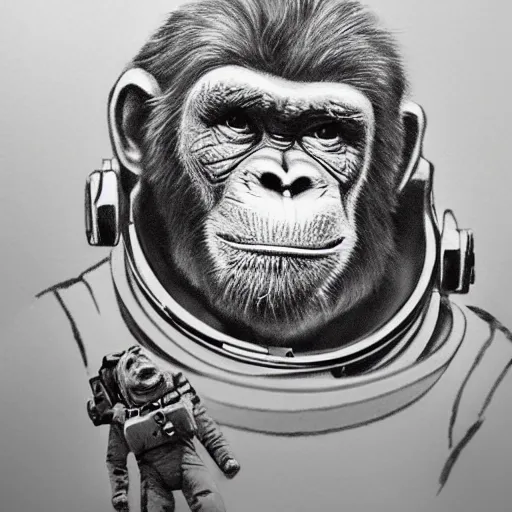 Image similar to pencil art, realistic self portrait, astronaut a and two chimpanzees, style of george lucas.