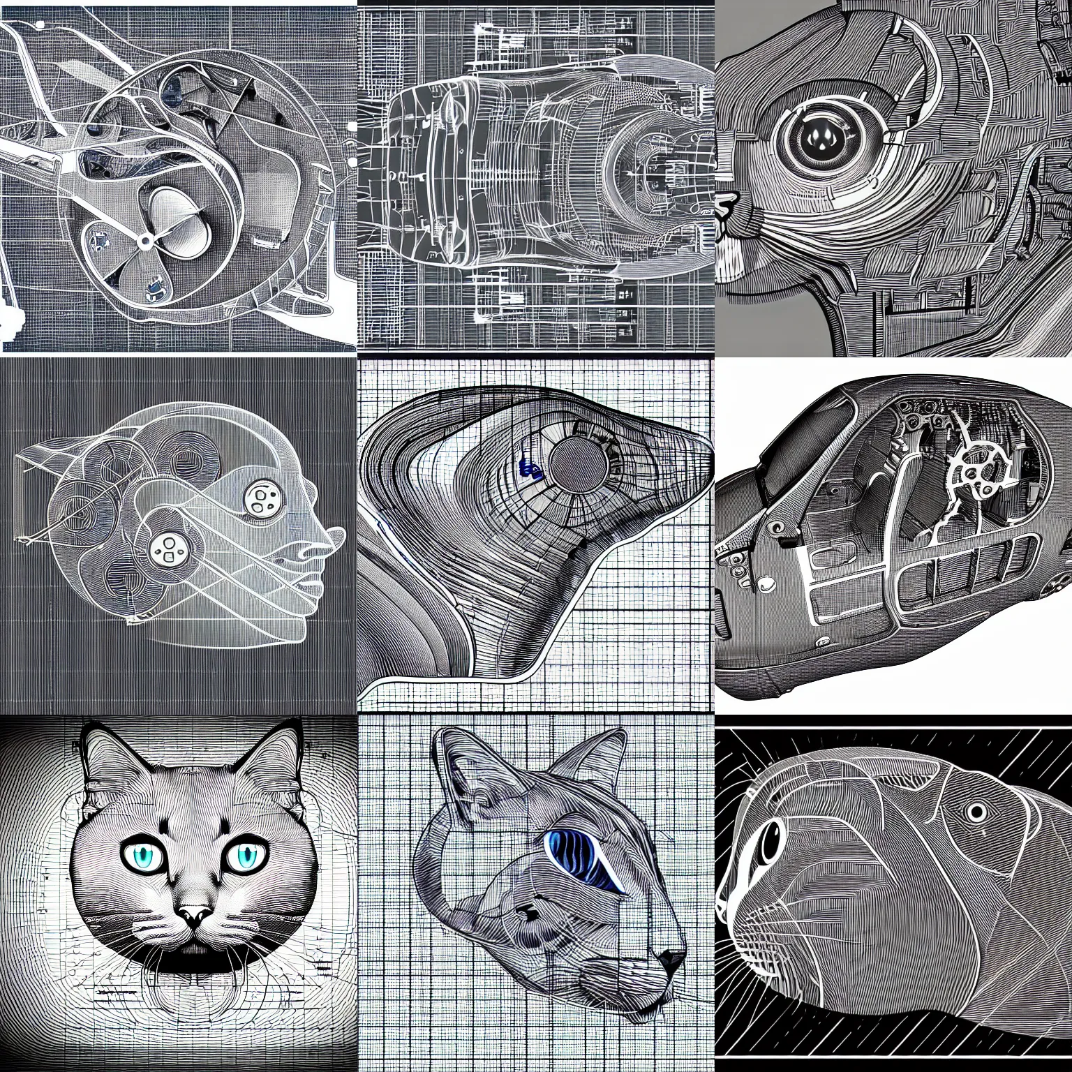 Prompt: technical detailed blueprint, inside a mechanical cat's head, desaturated, illustration, marking lines