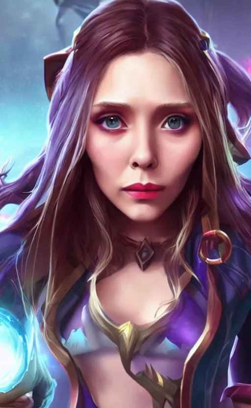 Image similar to Elizabeth Olsen as a character in the game League of Legends, with a background based on the game League of Legends, detailed face, old 3d graphics