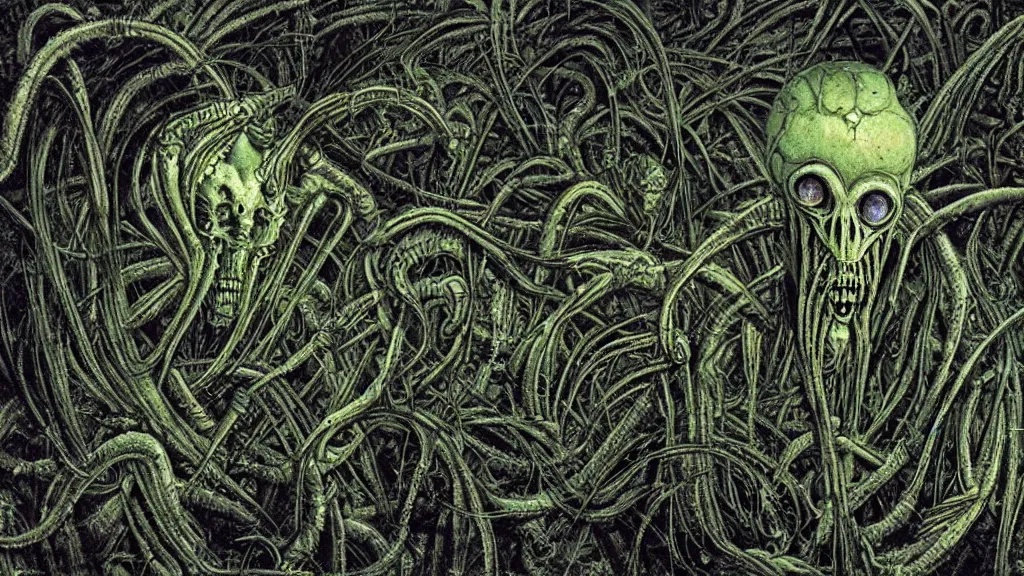 Prompt: alien cannabis landrace field in the style of H.R. Giger, Zdzislaw Beksinski and Todd McFarlane