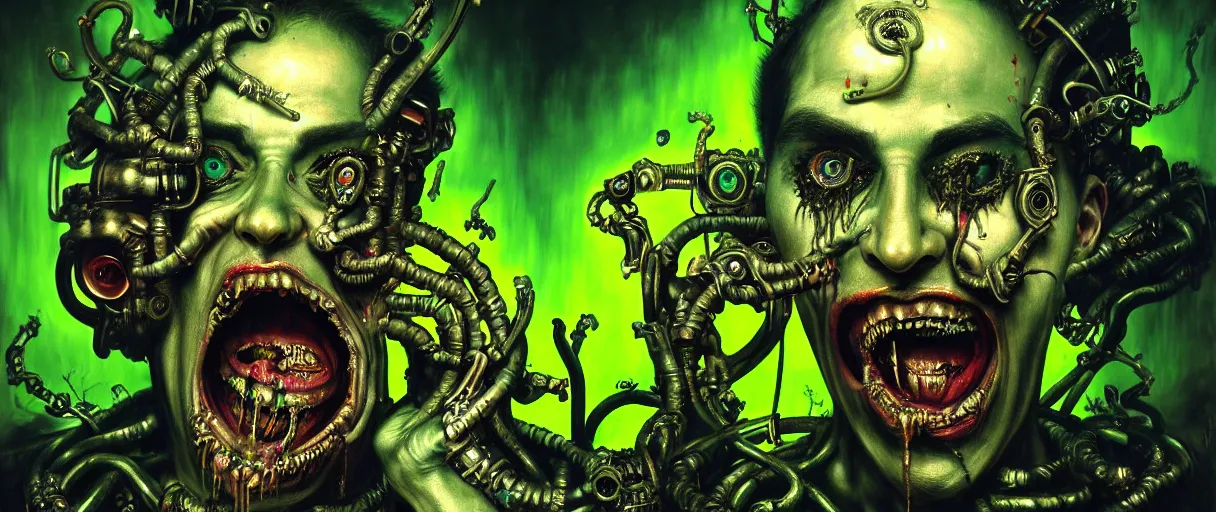 Image similar to hyperrealistic hyper detailed neo-gothic 35mm portrait of baroque cyborg gorgone screaming covered in urban graffiti matte painting concept art dali hannah yata very dramatic toxic green lighting low angle hd 8k sharp shallow depth of field