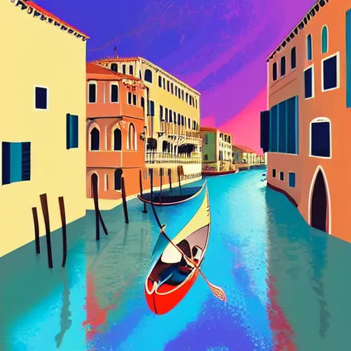 Prompt: an illustration of a canal in venice with a gondola, minimalist vector illustration, bokashi sky, digital painting, vector art, trending on artstration, trending on behance, by anton fadeev, by alena aenami, by makato shinkai