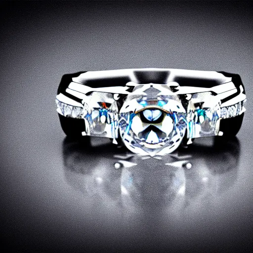 Prompt: photo of a wedding ring with two diamonds outside and one in the middle, photo realistic, hyper detailed, concept art