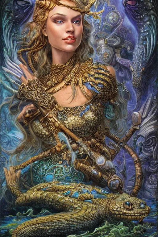 Prompt: Mystical Valkyrie, Portrait of a beautiful female Atlantean Reptilian Warrior, Realistic, Regal, Refined, Detailed Digital Art, Michael Cheval, Walt Disney (1937), François Boucher, Oil Painting, Steampunk, Josephine wall, Highly Detailed, Cinematic Lighting, Unreal Engine, 8k, HD