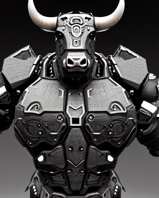 Image similar to a full body shot of an imposing cyborg bull modeled after a bull looking into the camera, contrast lighting, black skin!!!, intricate pattern, hard rubber chest, highly detailed, android, cyborg, full body shot, intricate, 3 d, symmetrical, octane render, fantasy, highly detailed, digital art, artstation, strong bokeh, black face