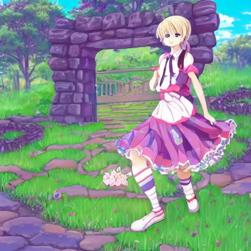 Image similar to a very cute art of a smiling anime girl idol wearing a colorful dress, walking at the garden, walking over a skeleton, in the style of anime, near a stone gate