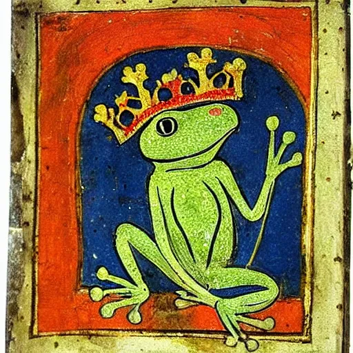 Image similar to beautiful medieval book manuscript painting of a frog wearing a crown