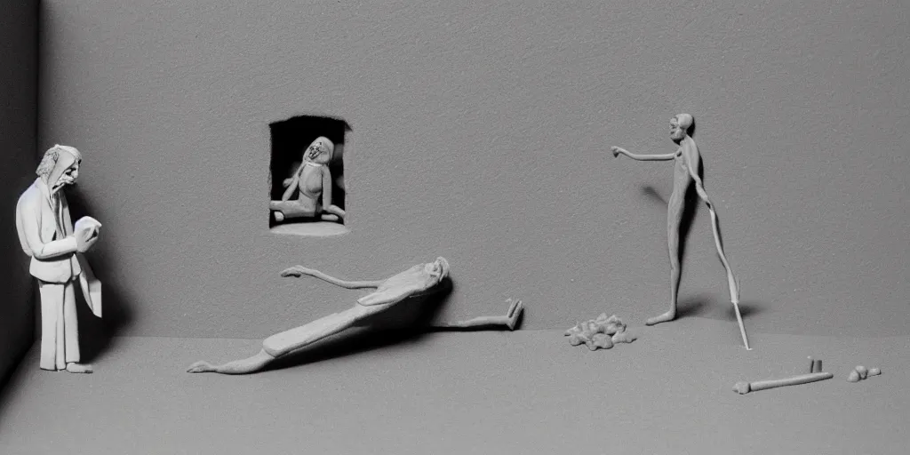 Prompt: plasticine model of stop motion salvador dali. figures clay. minimal. tilt shift. fish tank. gallery. visitors. photorealistic. john craxton. small hole in wall