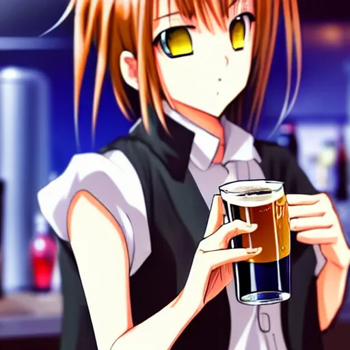 Prompt: Wholesome and masculine looking anime girl at a bar drinking a beer, warm glow from the lights, angle that looks up at her from below, deviantart, pixiv, detailed face, smug appearance, beautiful anime, detailed anime eyes with pupils, in the style of 90s anime, heavy focus on 90s and early 2000s style of anime, Sailor Moon style