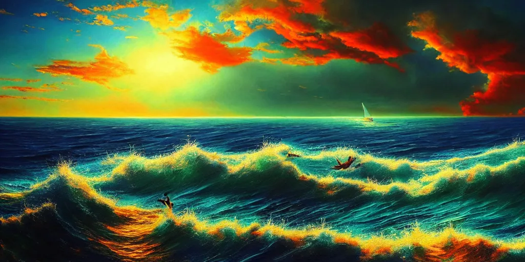 Image similar to Even if our mouths where filled with song like the splitting sea, and our tongues full of joy like it’s manny waves we could never reach Your praise, surrealism, musical notes, EPIC ,beautiful sea landscapes, Very colorful painting 8k trending on art station, Intricate details, very realistic, cinematic lighting, volumetric lighting,