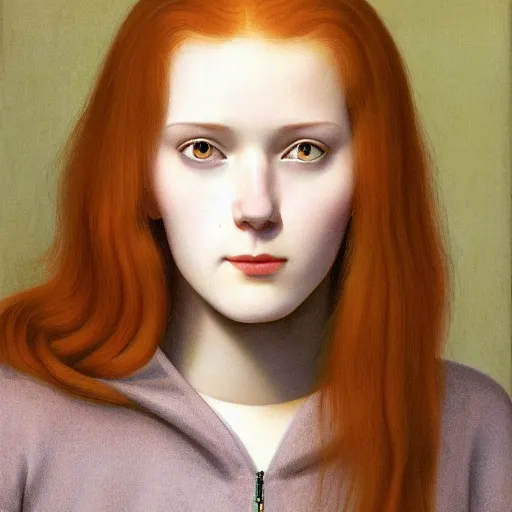 Prompt: portrait of a young woman, long red hair, almond eyes, slender, wearing an unzipped plaid hoodie, painted by claudio bravo