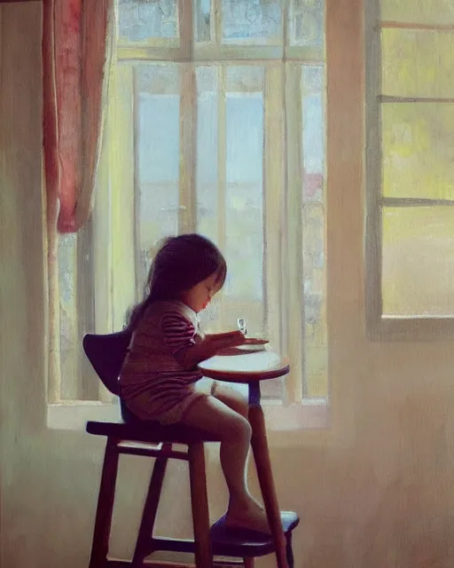 Image similar to the girl is sitting on a very high chair near the ceiling, wonderful eyes, her loose hair, delicate, intricate details, a real masterpiece, oil on canvas, author li zhang