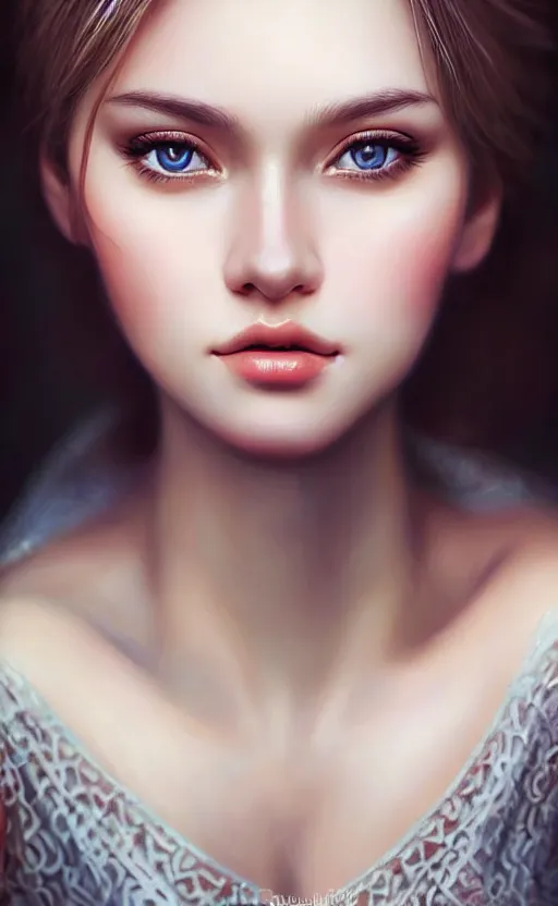 Image similar to a gorgeous russian female photo, bokeh, beautiful face, professionally retouched, soft lighting, realistic, smooth face, full body shot, torso, dress, perfect eyes, sharp focus on eyes, 8 k, high definition, insanely detailed, intricate, elegant, art by artgerm and kyoung hwan kim