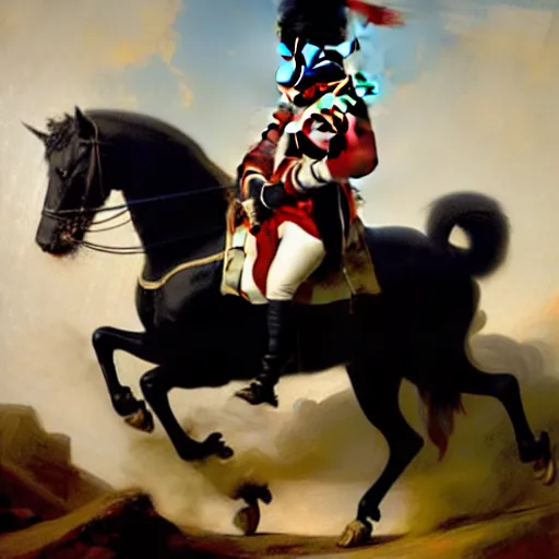 Prompt: Napoleon Bonaparte on his new electric scooter by Jeremy Lipkin and Giuseppe Dangelico Pino, oil on canvas, epic pose, cinematic, poster, 8k