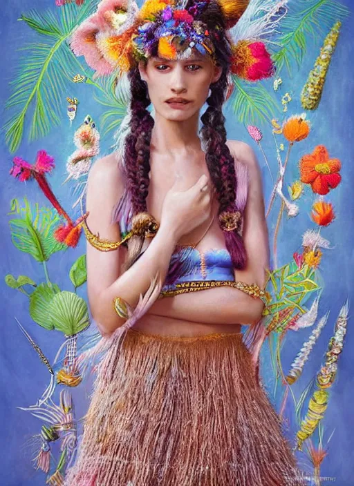 Image similar to beautiful portrait of a mediterranean female wearing fantastic Hand-dyed cotton dress, embellished beaded feather decorative fringe knots ,colorful pigtail,subtropical flowers and plants,symmetrical face,intricate,elegant, highly detailed, 8k,post-processing,digital painting, trending on pinterest, arper's bazaar,concept art, sharp focus, illustration, by artgerm,Tom Bagshaw,Daniel Gerhartz,Albert Aublet,Lawrence Alma-Tadema