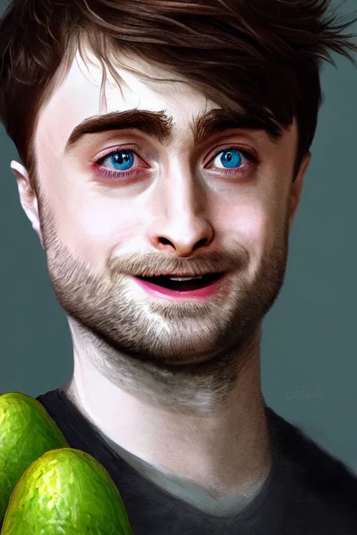 Prompt: daniel radcliffe is a avocado, artgem, digital painting, color painting, hyperrealistic, concept art, oil painting, masterpiece, concept art, trending on deviantart, realistic and detailed face, highly detailed, high quality, 8 k, soft lighting, fancy colors, fantasy, cinematic, high coherence