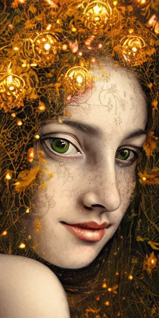 Image similar to lovely woman, serene smile surrounded by golden firefly lights, amidst nature fully covered by a intricate detailed dress, long red hair, precise linework, accurate green eyes, small nose with freckles, smooth oval shape face, empathic, expressive emotions, dramatic lights spiritual scene, hyper realistic ultrafine art by artemisia gentileschi, jessica rossier, boris vallejo