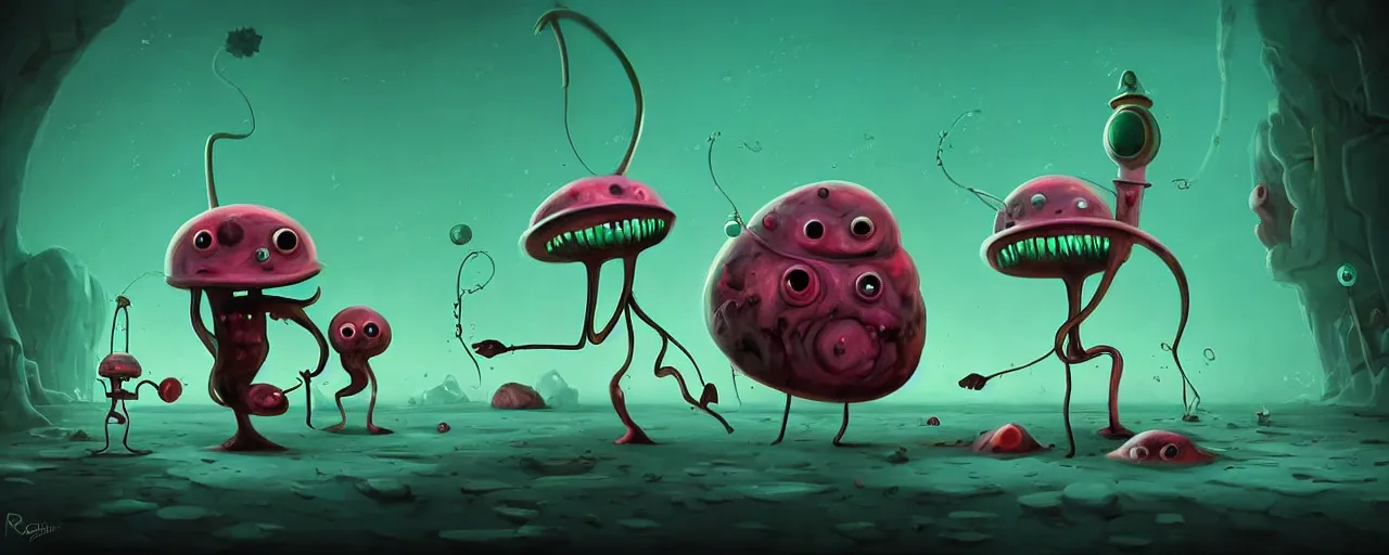 Image similar to wild whimsical plankton mutants from the depths of a wasteland deep in the imaginal realm, dramatic lighting, surreal fleischer cartoon characters, shallow dof, surreal painting by ronny khalil