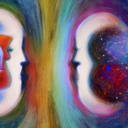 Image similar to two abstract humans from 2 abstract coloured universes, looking at each other in a mirror, across space and time, high definition photorealism, super wide angle lens w 1 0 2 4 h 7 9 8