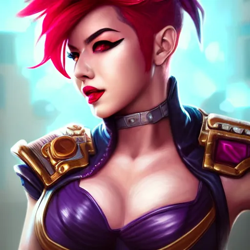 Image similar to ultra detailed portrait of Vi from League of Legends, by Fortiche Studio, from Netflix's Arcane, trending on artstation,fine details, realistic shaded, fine-face, Steampunk city on the background, red hair, painted texture, pretty face,by Artgerm