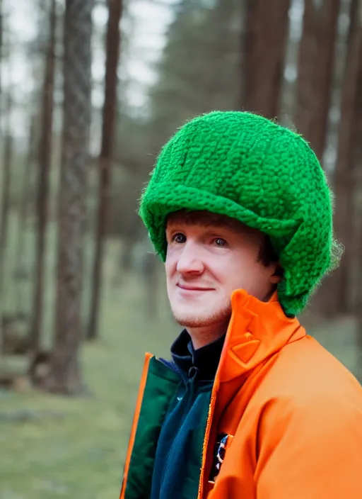 Image similar to portrait photo still of real life kyle broflovski wearing an orange jacket and green hat, 8 k, 8 5 mm, f. 1 4