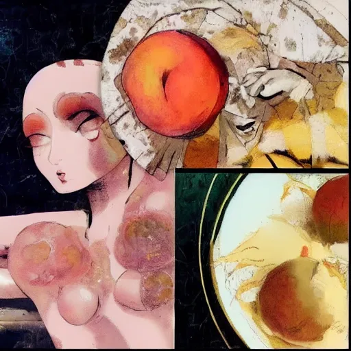 Prompt: A beautiful collage. In the dream, she is easting a peach, on Venus. The flesh is sweet and juicy, slightly bitter. It mingles with Sydan's taste in a delicious way. YouTube by Ashley Wood