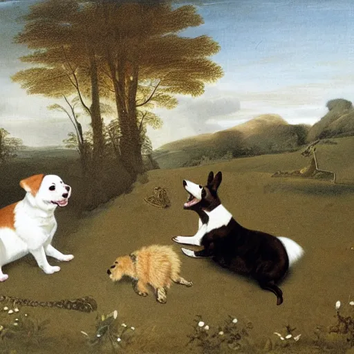 Prompt: oil painting by george stubbs of a brown and white corgi dog, a black, brown and white corgi dog, and a giant squid playing happily together in a meadow.