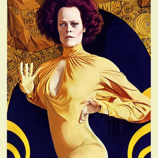 Prompt: portrait by joshua middleton of the young actress, sigourney weaver as ming the merciless, vamp, elegant, decadent, stylised comic art, klimt, mucha, 1 9 7 0 s poster,