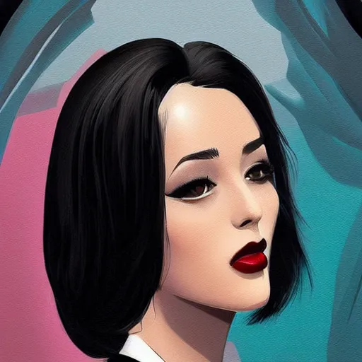 Image similar to slim mafia girl in tuxedo with black bob hair, elegant, 2d, ultra highly detailed, digital painting, smooth, sharp focus, artstation, art by Ilya Kuvshinov