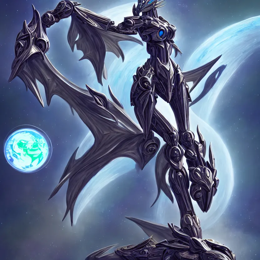 Prompt: goddess shot, galactic sized stunning beautiful anthropomorphic robot mecha female dragon, in space, larger than planets, holding the earth, the earth a mere marble in her claws, detailed silver armor, epic proportions, epic scale, detailed digital art, ultra detailed, furry, macro art, dragon art, giantess, warframe fanart, furaffinity, deviantart, realistic