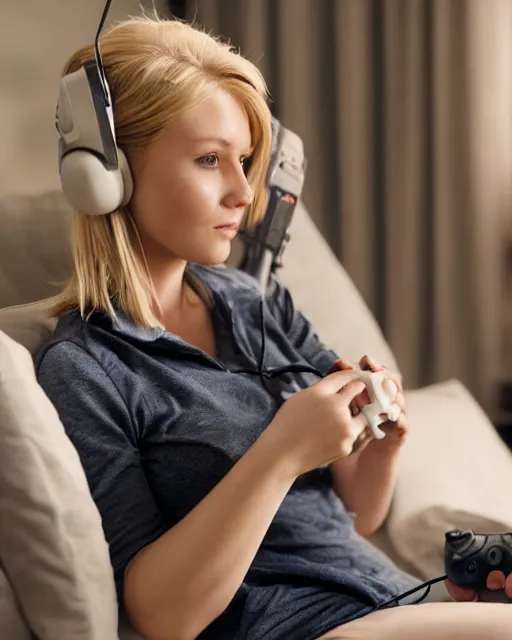 Image similar to a cute beautiful blonde woman with blue eyes playing game, holding controller, watching television displaying call of duty, intricate detail, cinematic composition