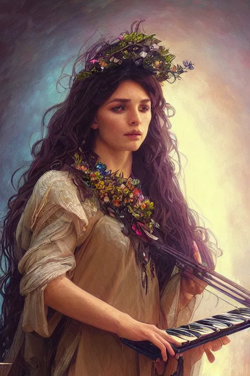 Image similar to portrait of a druid playing an electronic!!-musical-instrument, intricate, stunning, highly detailed, digital painting, artstation, concept art, smooth, sharp, focus, illustration, art by artgerm and greg rutkowski and alphonse mucha