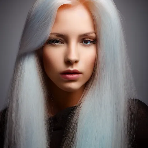 Prompt: a beautiful portrait of a woman with long blue Golden hair, studio camera setup, ultra realistic photo