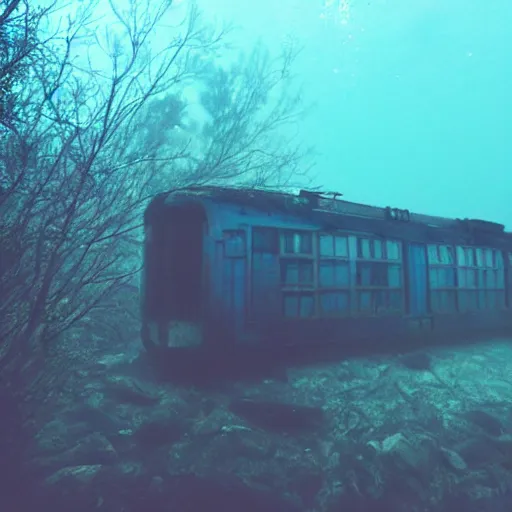 Image similar to abandoned train underwater, creepy